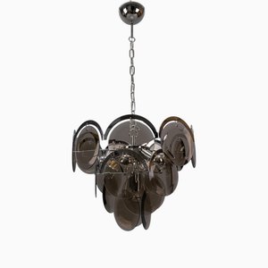 Lustre à Sept Lumières en Verre Fumé et Métal Chromé, 1970s