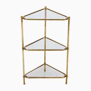 Mid-Century Italian Triangular Brass and Glass Corner Shelf Bookcase, 1970s