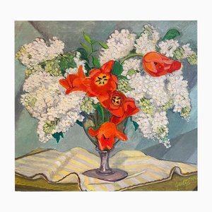 Stéphanie Caroline Guerzoni, lila blanco, tulipán rojo, óleo sobre lienzo, años 60
