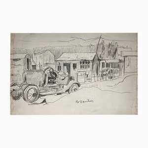 Benjamin Il Vautier, Automobile in un villaggio, Grafite su carta