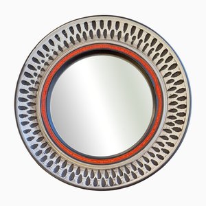 Vintage Wall Mirror with Brown-Beige Ceramic Frame and Orange Decor, 1970s