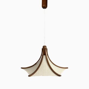 Teak and Linen Umbrella Pendant Hanging Lamp attributed to Domus, 1970s