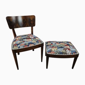 Set of Art Deco Chair and Ottoman in Walnut and Patterned Fabric, 1930s
