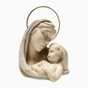 Holy Mary and Jesus Vintage en Céramique Vernie et Laiton par Arturo Pannunzio, 1940s