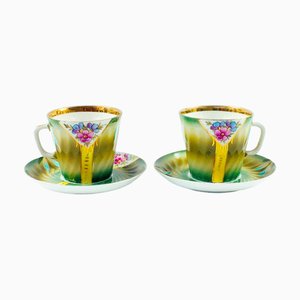 Tasses et Soucoupes à Thé Antiques en Porcelaine Peintes à la Main de Kuznetsov, Set de 2