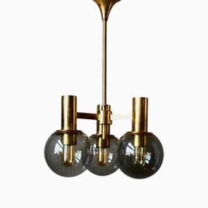 Vintage Chandelier in Smoked Glass and Gold Brass from Ott International, 1960s