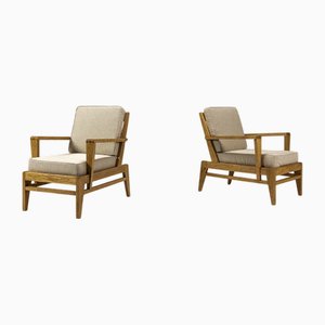 Set of Reconstructivist Lounge Chairs in Oak by René Gabriel for Lieuvin, France, 1940s