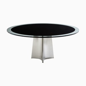 Brushed Steel Black Glass Dining Table by Luigi Saccardo for Arrmet, 1970s
