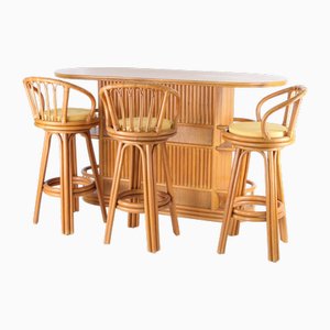 Rattan Bar & Hocker, 1970er, 4er Set