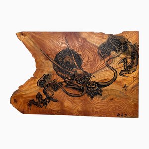 Japanese Wooden Wall Art with Dragon Painting, 1990s