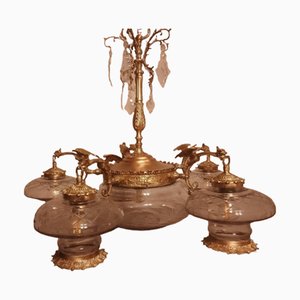Large Gothic Style 6-Light Brass Dragon Chandelier, 1940s