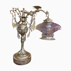 Tischlampe aus Bronze mit Drachenarm und geschliffenem Glasschirm, 1940er