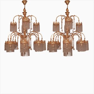 Empire Gold-Plated Chandeliers with Crystals, 1970s, Set of 2