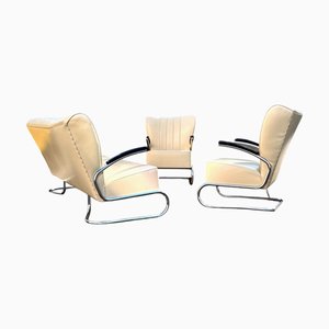 Gruppo di sedute Bauhaus moderno in acciaio tubolare con divano e 2 poltrone cantilever di Mauser Werke, serie CS, 3 pezzi, Germania, Club Möbel, 1958, set di 3