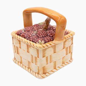 Frutero francesa antigua de mayólica con tapa de fresa de Sarreguemines, década de 1890