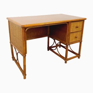Vintage Desk in Woven Rattan and Maugrion Style Wood from Roche-Bobois, 1970s