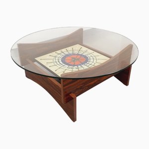 Vintage Round Coffee Table in Rosewood and Ceramic from Vallauris, 1970s
