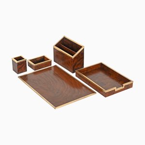 Mid-Century Modern Desk Set in Burl and Brass by Tommaso Barbi, 1970s, Set of 5
