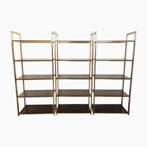 Libreria Artelano vintage in metallo dorato e vetro fumé, anni '70