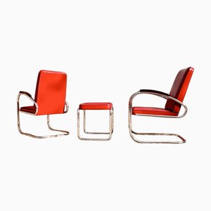 Bauhaus Modern Tubular Steel Seating Group Set of 2 Cantilever Armchairs and 1 Stool Ottoman by Mauser Werke, Mod. RS7 & RH1, Germany, 1935