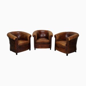 Poltrone vintage in pelle color cognac, Paesi Bassi, set di 3