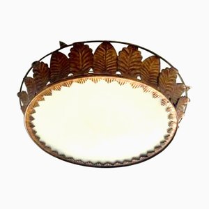 Spanish Crown Sunburst Fixture in Gilt Metal and Frost Glass, 1950