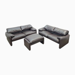 Divani a due posti Maralunga e poggiapiedi di Cassina in pelle marrone di Cassina, set di 3