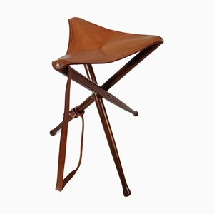Vintage Hunting Campaign Folding Tripod Stool in Italian Cognac Leather and Wood