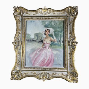 Eugène Lelièpvre, Donna in abito rosa davanti all'Arco di Trionfo, Parigi, anni '50, Olio su tela, Con cornice