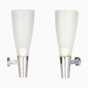 Mid-Century Modern Frosted Glass and Chrome-Plated Metal Sconces by Pietro Chiesa for Fontana Arte, Set of 2