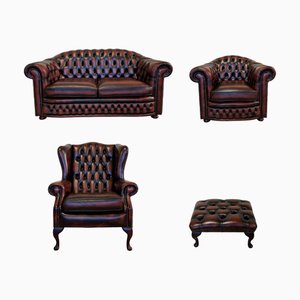 Chesterfield Sofa, Lounge Chairs and Ottoman, Set of 4