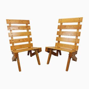 Set of Vintage Brutalist Wooden Slatted Armchairs, 1960s