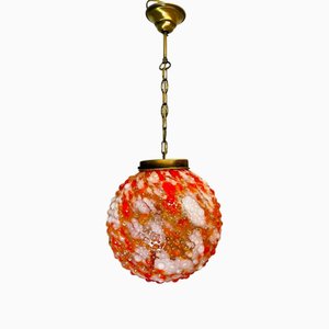 Grande Suspension en Verre Bubble Splatter Rouge, Portugal attribuée à Marinha Grande, 1960s