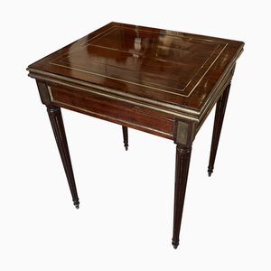 French Mahogany Card Table with Crimson Baize Game Surface and Brass Inlay, Mid-19th Century