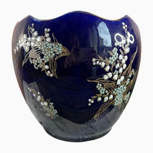 Cache Pot Antique en Faïence Bleu Cobalt, France, 1890s