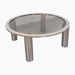 Vintage Round Coffee Table in Smoked Glass and Chrome Metal, 1970s