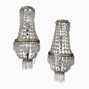 Lampade da parete in ottone con decorazioni in vetro Luigi XVI, set di 2