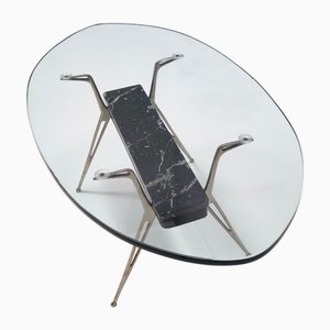 Table Basse Vintage Ovale en Verre avec Socle en Marbre Portoro et Fer, 1950s