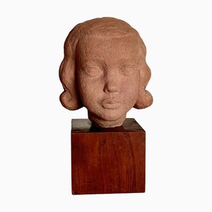 Albert André Aebly, Porträt eines jungen Mädchens, 1940er, Keramik auf Holzsockel