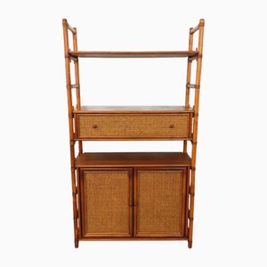 Librería vintage grande de madera y caña, años 60