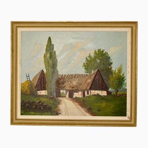 E Johansson, Grand Paysage avec Ferme, 1960s, Huile sur Toile, Encadrée