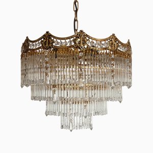 Spanish Brass Glass Rod Chandelier, 1970s
