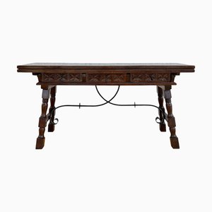 Antique Spanish Console Fold Out Table with Iron Stretcher and Three Drawers, 1900
