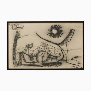 Jordi Samsó, Composition Surréaliste, Dessin au Fusain Noir, 1990, Encadré