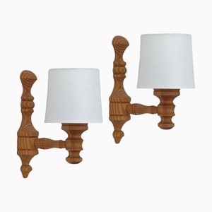Pine and Fabric Wall Lights, Sweden, 1960s-1970s, Set of 2