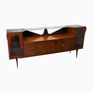 Sideboard aus Holz mit Messingspitzen & farbigem Glas & Tischplatte aus Kristallglas von Consorzio Esposizione Mobili Cantù, 1960er