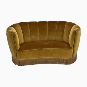 Danish 2-Seater Banan Sofa in Green Furniture Velour & Oak Wood, 1960s