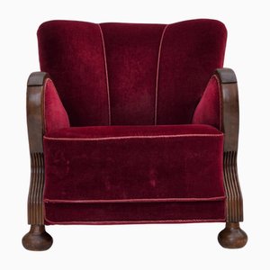 Poltrona relax in velluto rosso ciliegia e legno di faggio scuro, Danimarca, anni '50