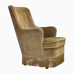 Poltrona con schienale alto in velluto verde chiaro e legno di faggio, Danimarca, anni '70