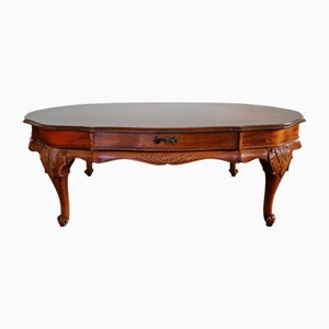 Carved Wood Chippendale Coffee Table with Drawers and Brass Handles